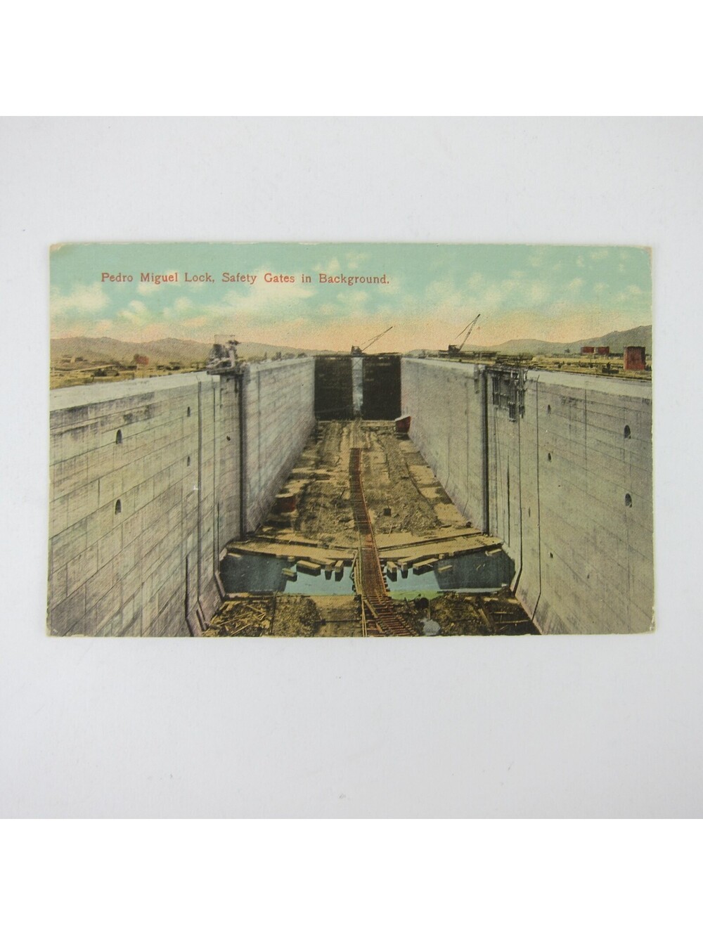 Postcard Panama Canal Pedro Miguel Lock Safety Gates Background Antique Unposted